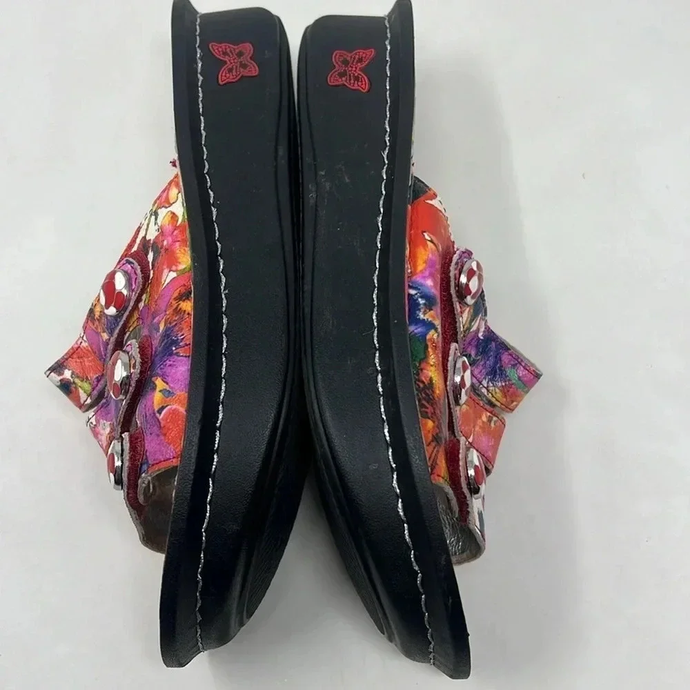 Alegría Fiona Iris Colorful Floral Leather Adjustable 3 Strap Slip-On Sandals 37